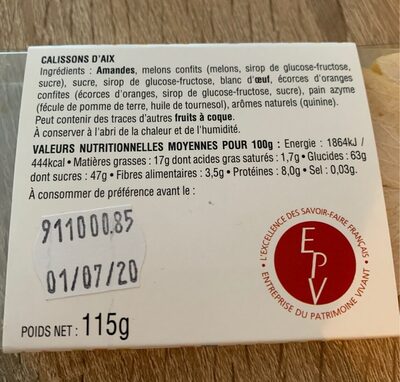 Calissons d'Aix nutrition facts table