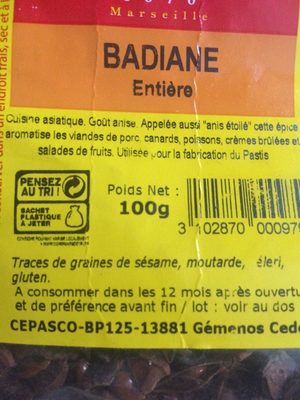 Badiane 100GR ingredients label