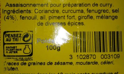 Curry de Madras ingredients label