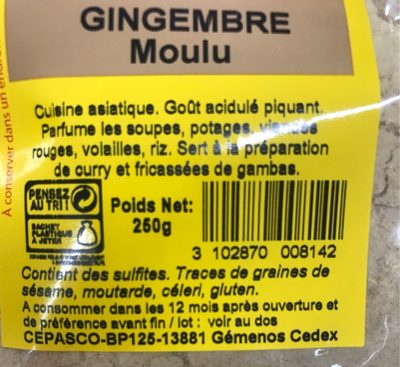 Gimgembre moulu ingredients label