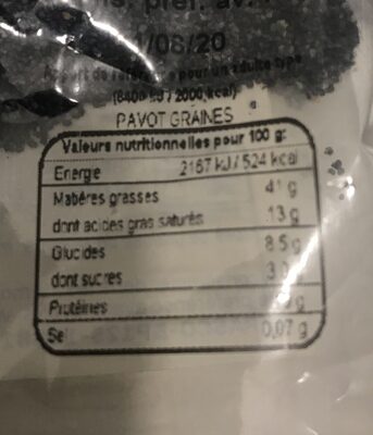 Pavot Bleu ingredients label
