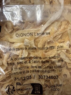 Oignon déshydraté en lanières ingredients label