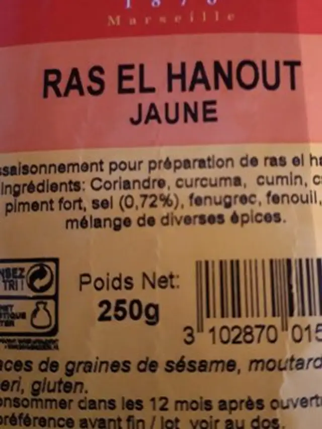 Ras el hanout  jaune ingredients label