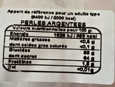 Perles argentées nutrition facts table