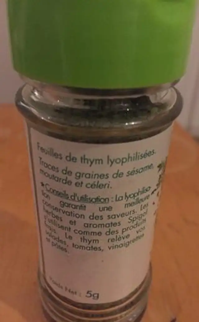 Thym ingredients label