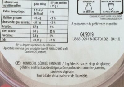 Bonbons Tagada L'Originale ingredients label