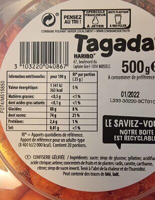 Bonbons Tagada L'Originale nutrition facts table