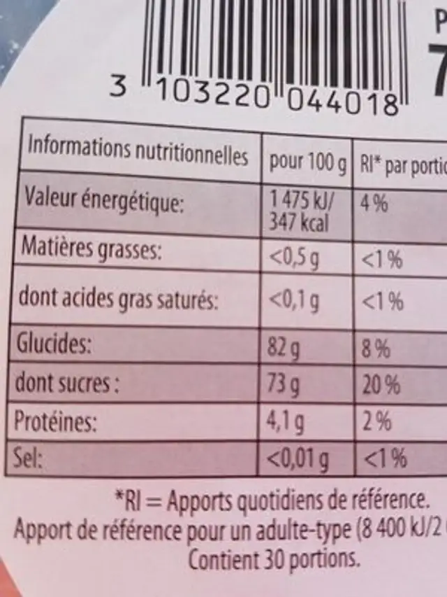 Dentier’ween nutrition facts table