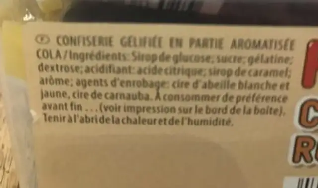 Cola roulette ingredients label