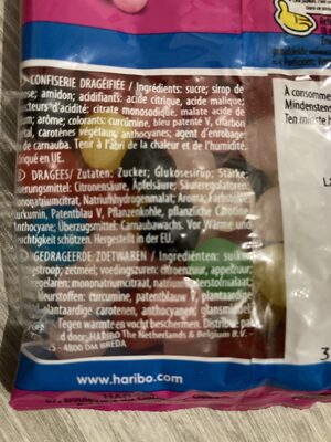 Haribo Dragibus ingredients label