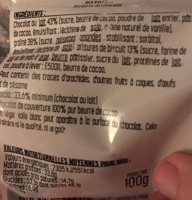 Mayottes, bonbons de chocolat ingredients label