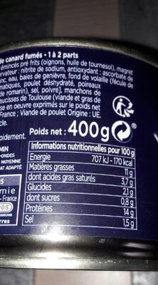 choucroute au confit de canard et dés de magret fumés nutrition facts table