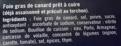 Foie gras au torchon prêt à cuire ingredients label
