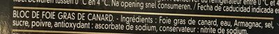 Bloc de foie gras de canard ingredients label