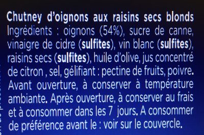 Chutney d'oignons et raisins secs ingredients label