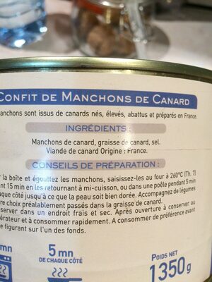 Confit De Manchons De Canard ingredients label