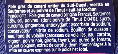 Foie gras de canard entier du Sud-Ouest ingredients label