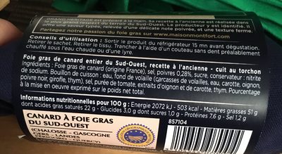 Foie gras de cart entier du sud-ouest cuit au torhon ingredients label