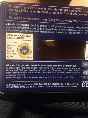 Bloc de foie gras de canard ingredients label