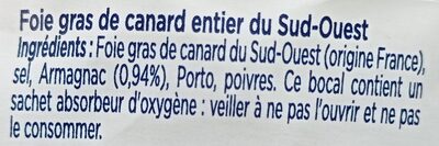 Foie gras de canard du Sud-Ouest ingredients label
