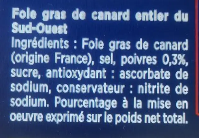 Foie gras entier Grand Héritage ingredients label