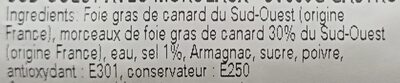 Bloc de foie gras de canard du Sud-Ouest avec morceaux ingredients label