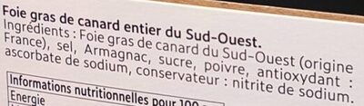 Foie gras de canard entier du sud-ouest ingredients label