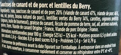 Saucisses de canard&porc et lentilles du Berry ingredients label