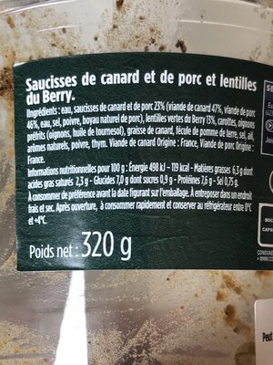 Saucisses de canard & porc et lentilles du Berry ingredients label