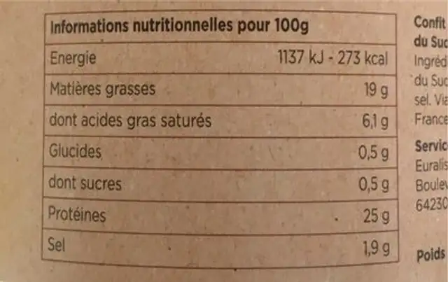 Confit de manchons de canard du sud-ouest nutrition facts table