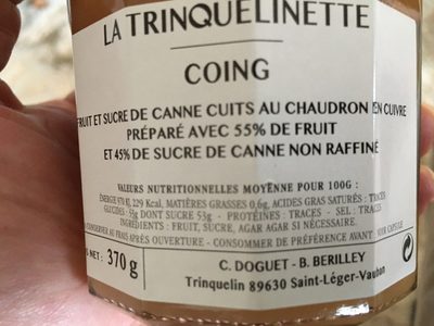 Coing ingredients label