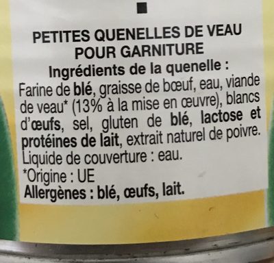 Quenelles de veau au naturel boite JULIEN MACK ingredients label