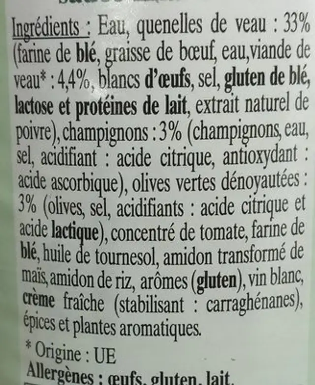 Quenelles de Veau Sauce Financière ingredients label