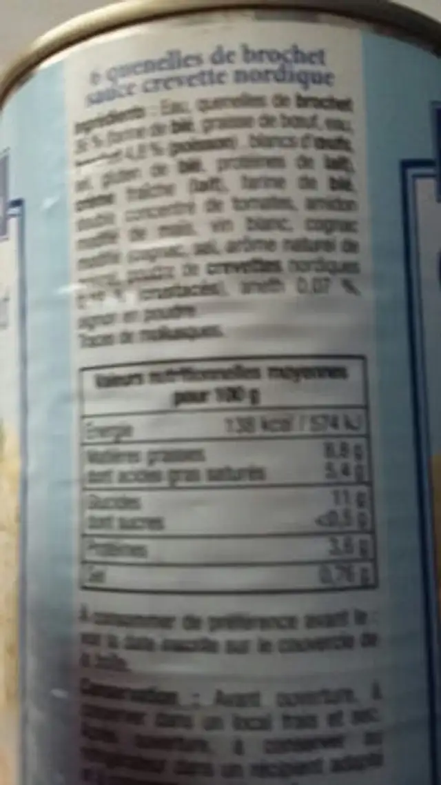 Quenelles de Brochet sauce crevette ingredients label