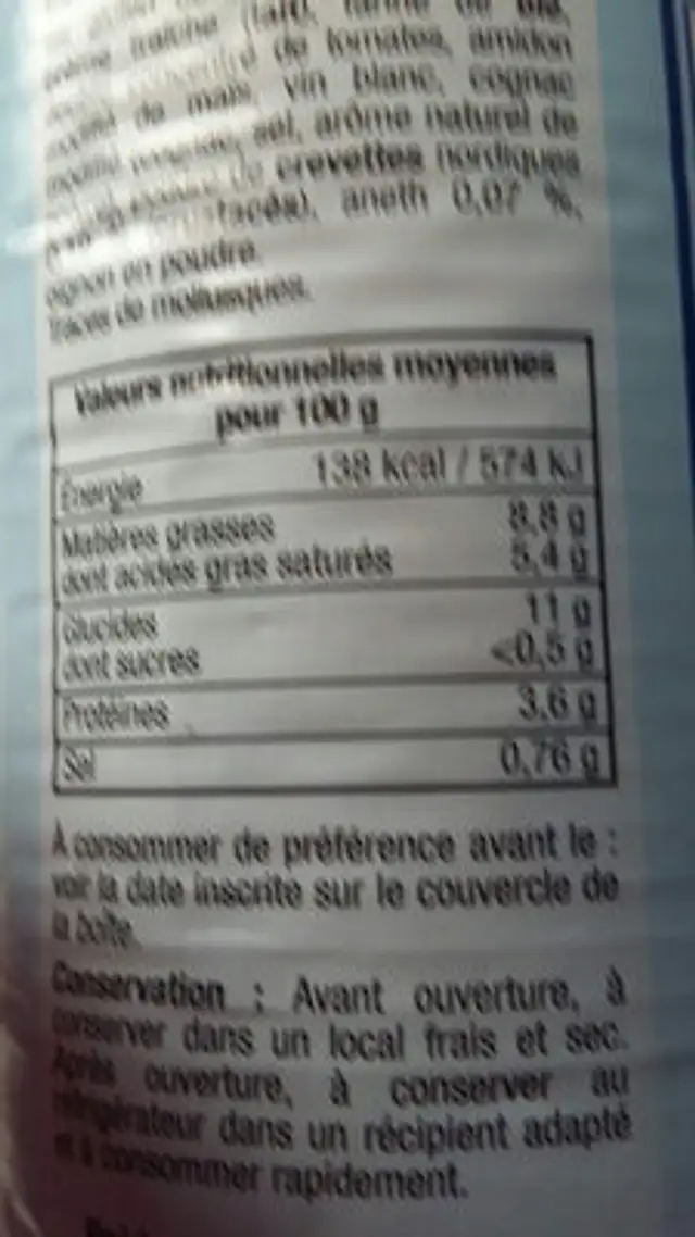 Quenelles de Brochet sauce crevette nutrition facts table
