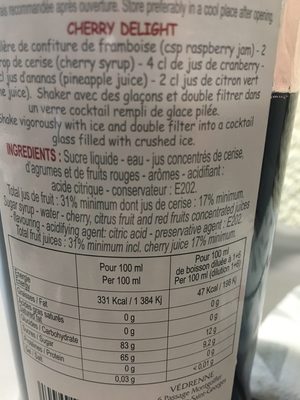 Sirop de Cerise ingredients label