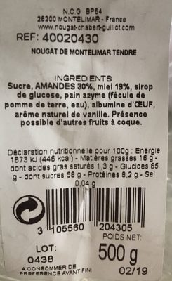 Nougat de Montélimar ingredients label