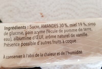 Barre de nougat de Montélimar ingredients label