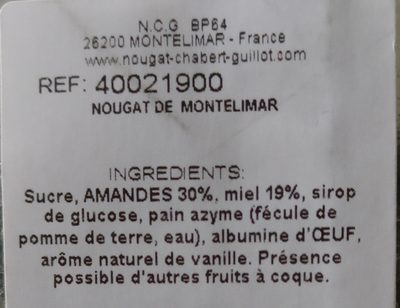 Nougat de montelimar ingredients label