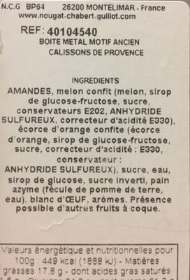 Calisson De Provence ingredients label