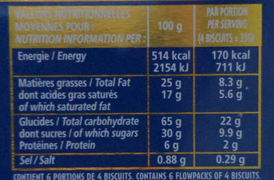 Les Galettes de Pont-Aven nutrition facts table