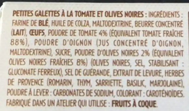 Petites galettes tomate-olives ingredients label