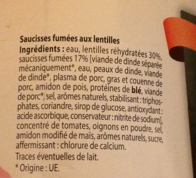 Saucisses fumées aux lentilles ingredients label