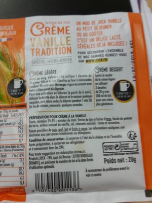 Crème vanille tradition ingredients label