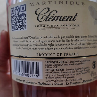 Rhum vieux agricole ingredients label