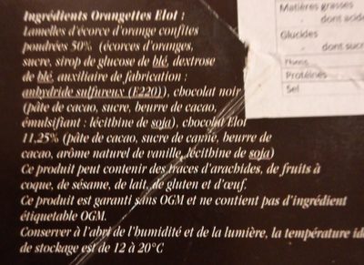 Orangettes ingredients label