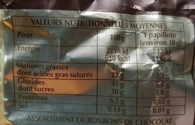 Truffes noir 70% nutrition facts table