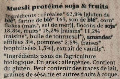 Muesli protéiné soja & fruits ingredients label