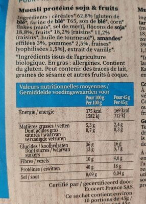 Muesli protéiné soja & fruits nutrition facts table