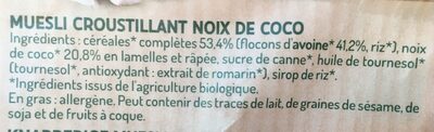 Muesli croustillant noix de coco ingredients label